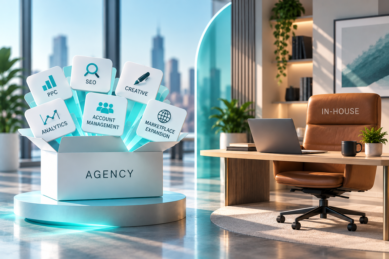 Amazon agency service box next to an in-house office chair